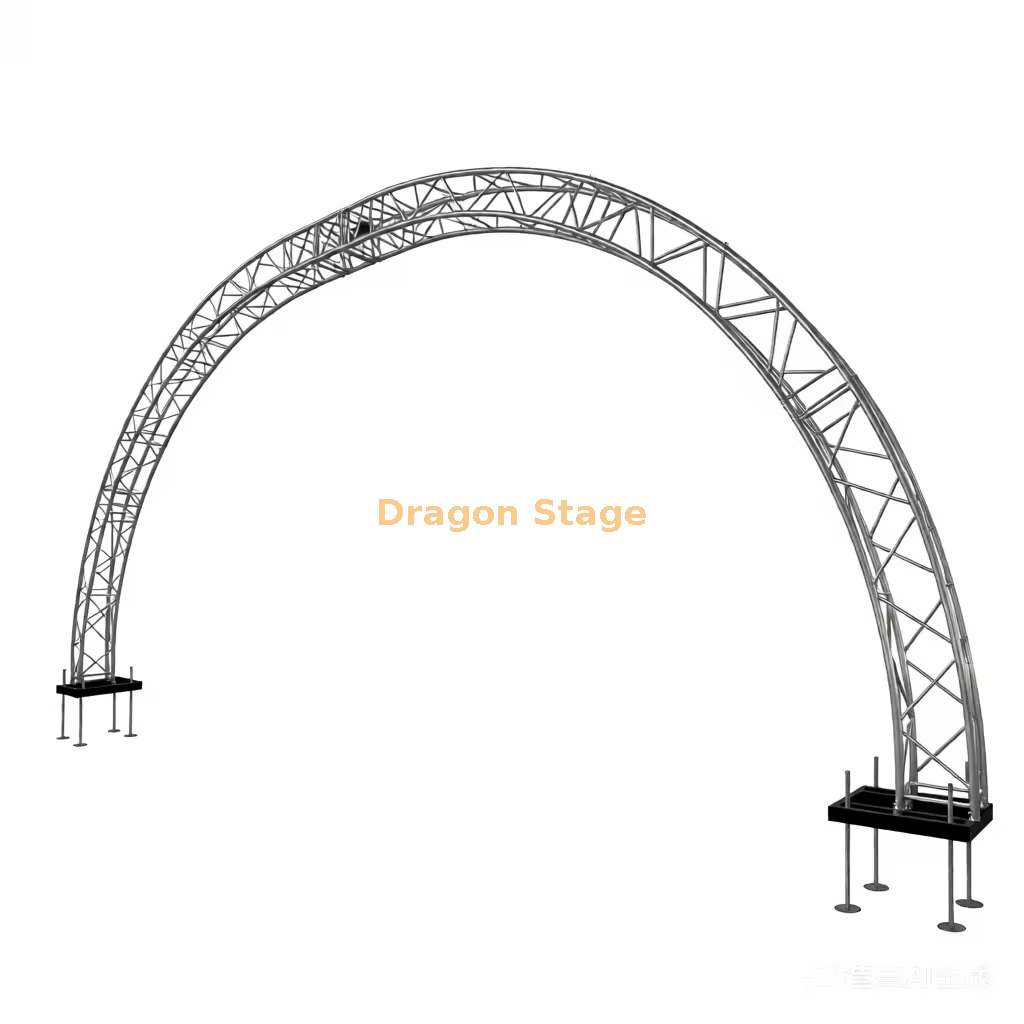 Curved Arch Truss Entrance Gate System with Steel Bases Sistema de puerta de entrada con armadura de arco curvo con bases de acero