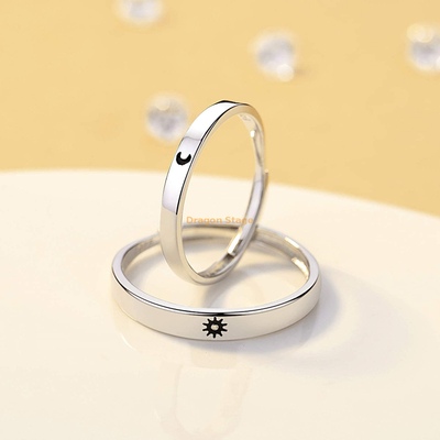 Anillos de boda de compromiso de plata de ley 925 ajustables con grabado personalizado de estrella, sol y luna para parejas