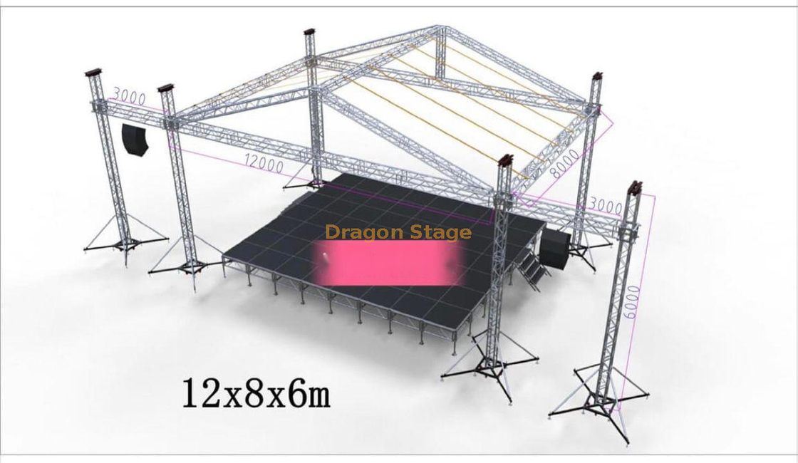 Plataforma de escenario de concierto al aire libre con sistema de armadura de techo presionado 12x8x6m Modular Stage Platform 10.98x7.32m Altura 1.2-2m