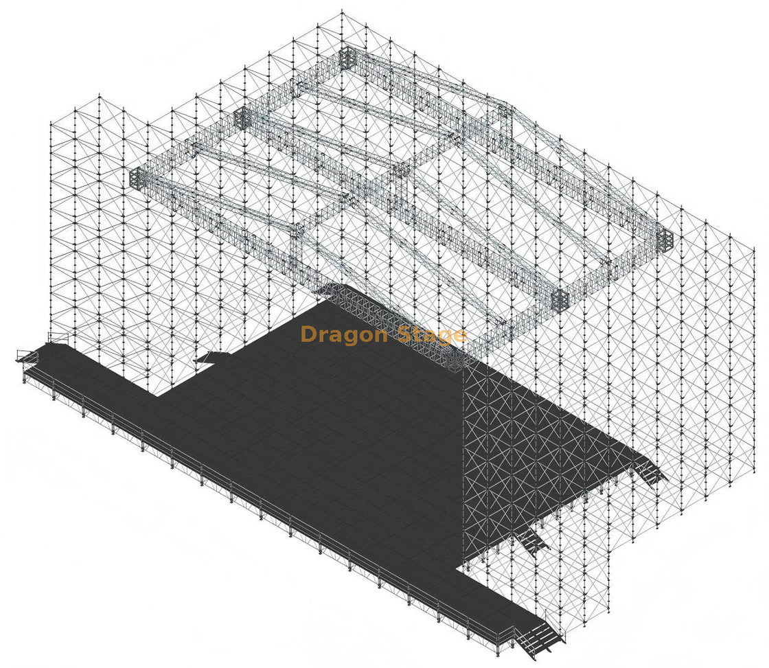 Sistema de armadura de techo piramidal de gran luz de 20x20m con 3 vigas de luz larga para sistema Layher