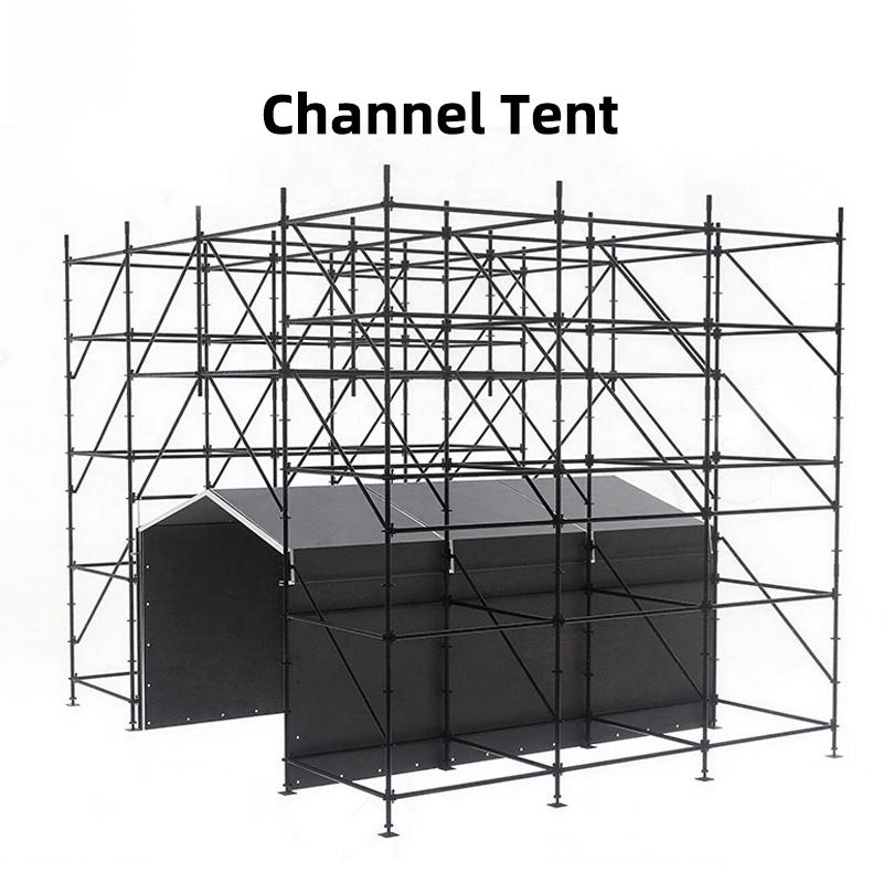 Carpa de canal instalada dentro de la estructura Ringlock para acceso cubierto entre bastidores y escenario.png