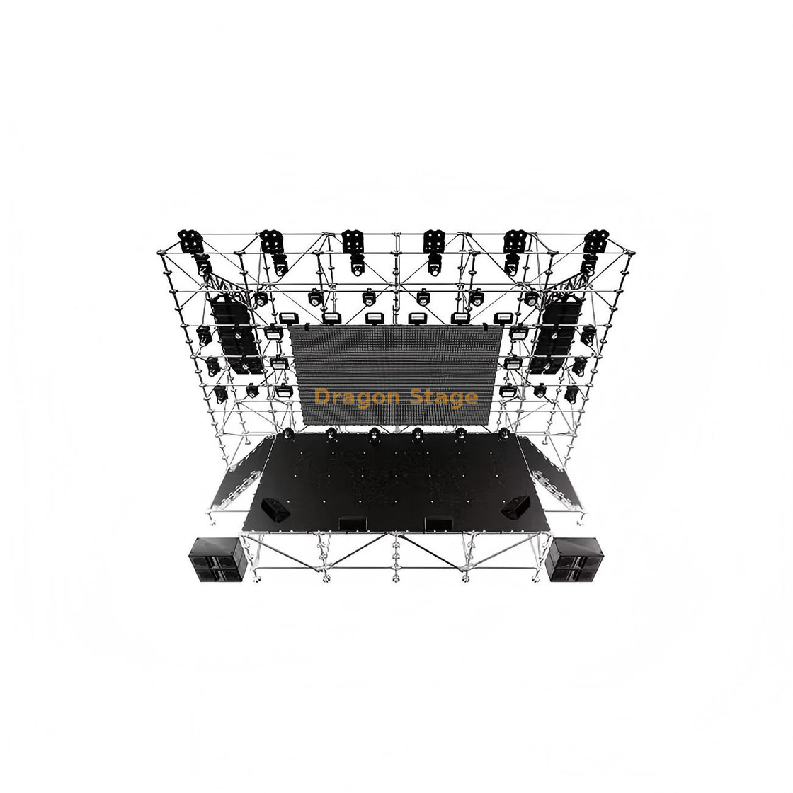 Estructura de fondo LED Ringlock de 12x2x10m con escenario Ringlock de 8x4x2m y 2 escaleras
