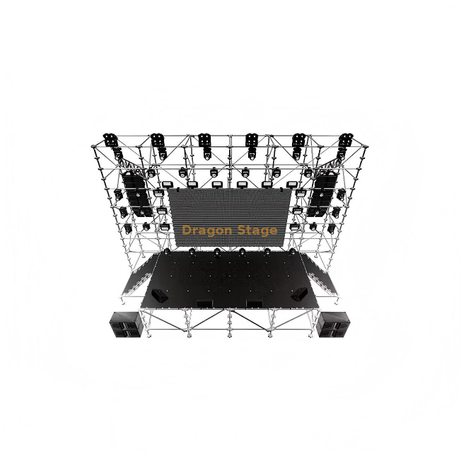 Estructura de fondo LED Ringlock de 12x2x10m con escenario Ringlock de 8x4x2m y 2 escaleras