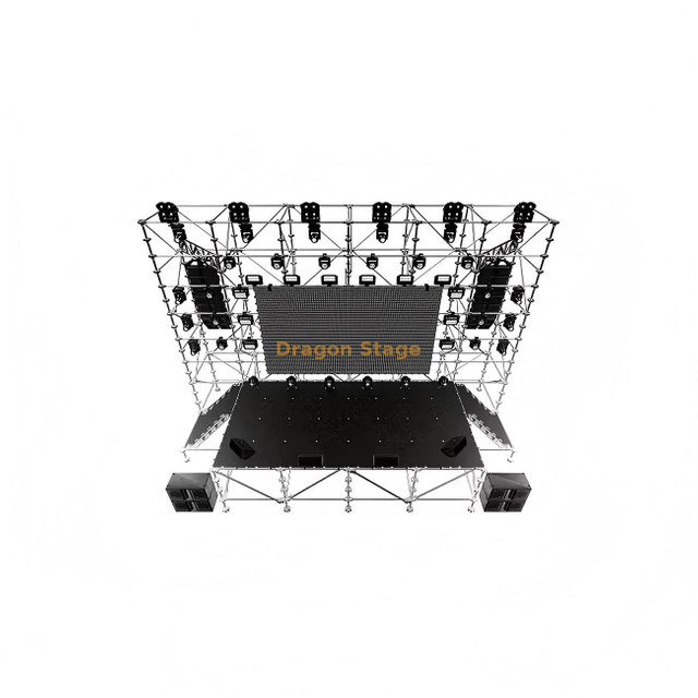 Estructura de fondo LED Ringlock de 12x2x10m con escenario Ringlock de 8x4x2m y 2 escaleras