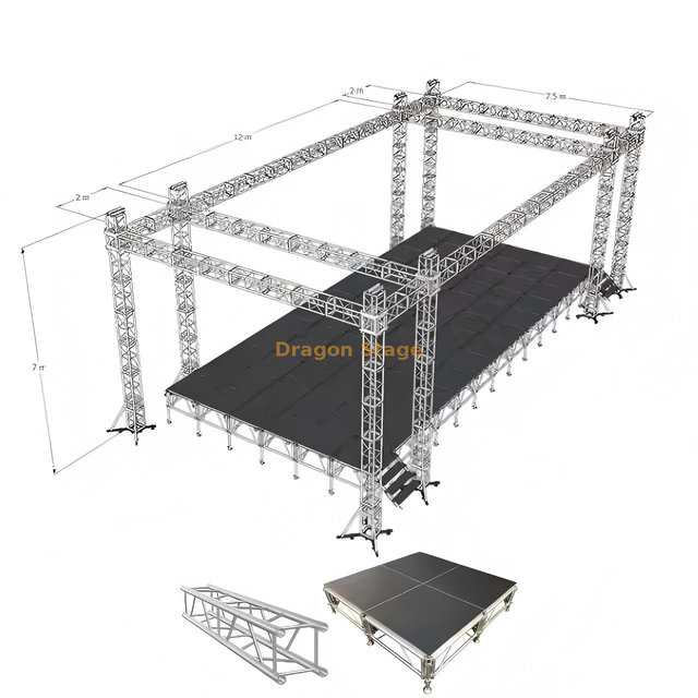 Sistema de armazón de escenario para eventos al aire libre de aluminio de 12x7x7m con PA y alas LED
