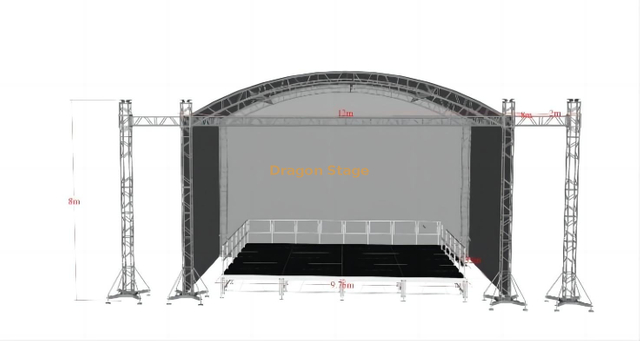 Semicírculo personalizado, espiga de aluminio redonda curvada, exposición, concierto, escenario al aire libre, armadura de techo de arco de aluminio, 12x8x8m