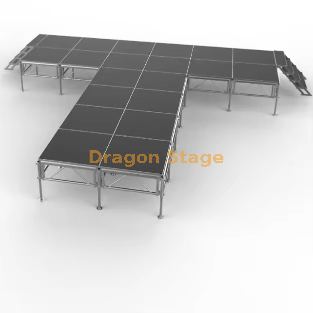 Escenario móvil de aluminio modular en forma de T de 7,32x7,32 m con escaleras - Altura ajustable (0,8 m)