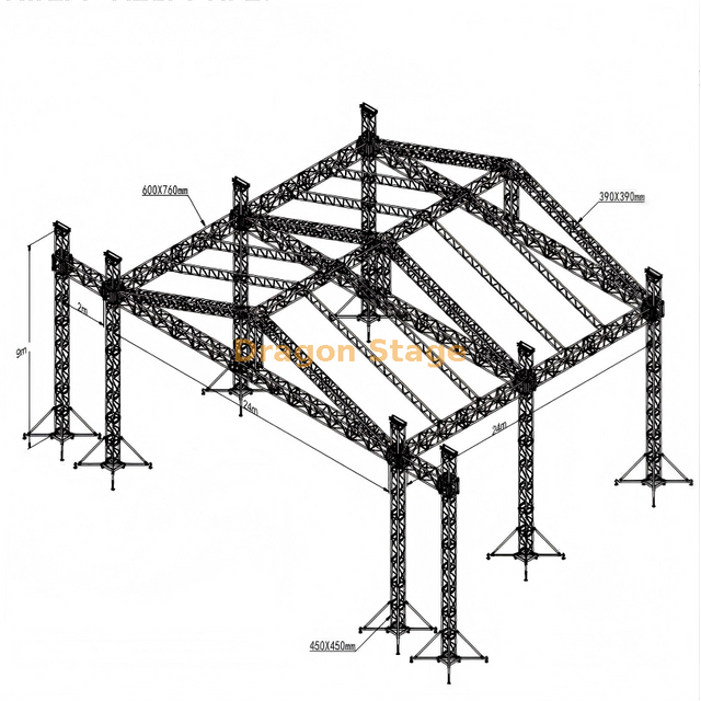 Sistema de armadura de techo para escenario de concierto al aire libre grande de 24x24x9m con alas laterales - Conjunto de techo de pico de aleación de aluminio de alta resistencia