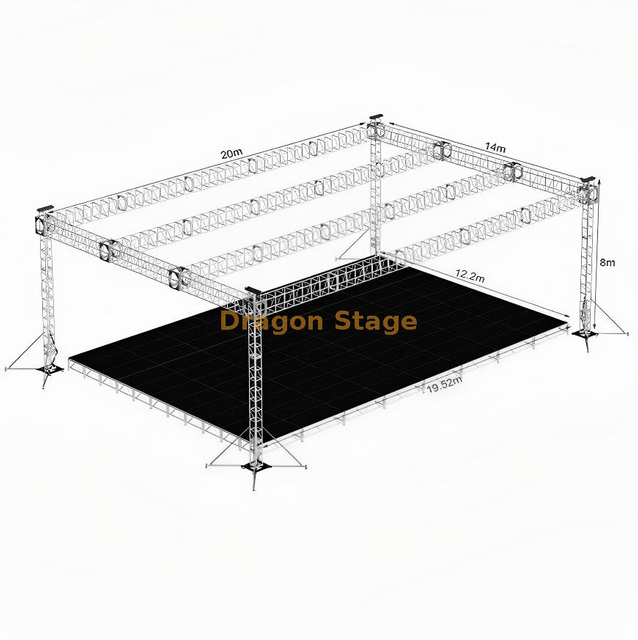 Sistema de armadura de escenario de concierto al aire libre de aluminio de 20x14x8m con ensamblaje de techo plano