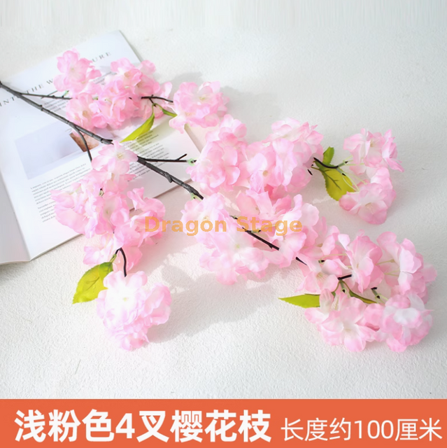 Plantas verdes, paredes de plantas simuladas, céspedes de plástico, balcones, fondos interiores, paredes de flores, rosa claro violeta, flores de cereza de 4 puertos, 1 rama