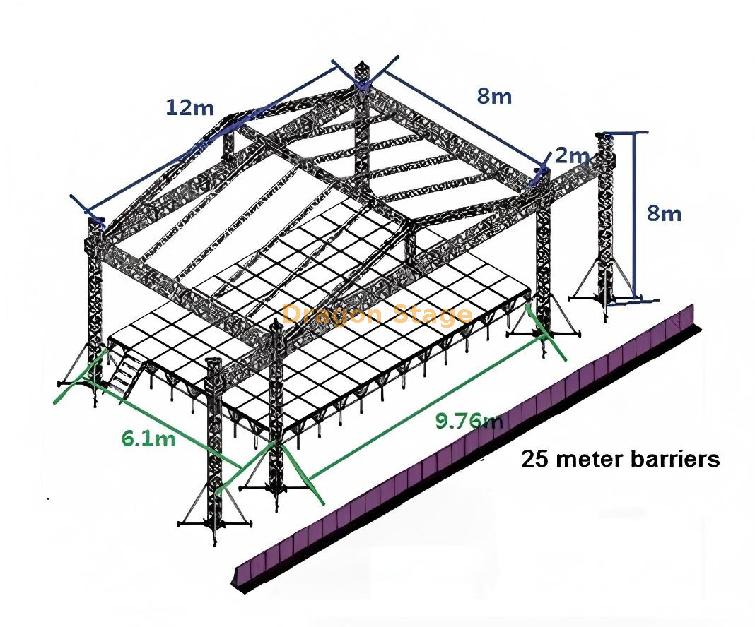 Podio de escenario y armazón para concierto de música 12x8x8m