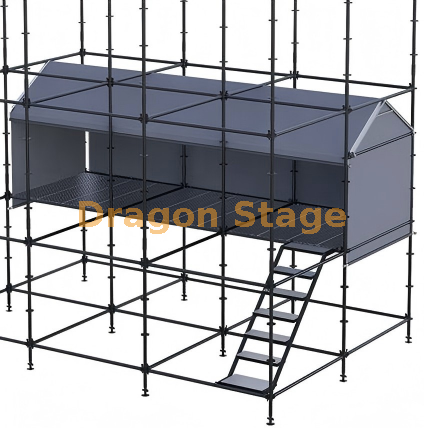 Cabina de control FOH híbrida Ringlock de 2x6 m con techo a dos aguas de aluminio y acceso por escalera