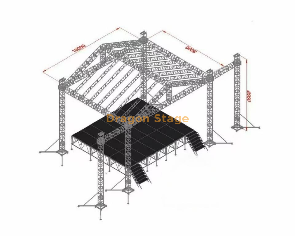 Estructura de armadura de techo de diseño de escenario al aire libre portátil de aluminio para eventos 10x8x8m