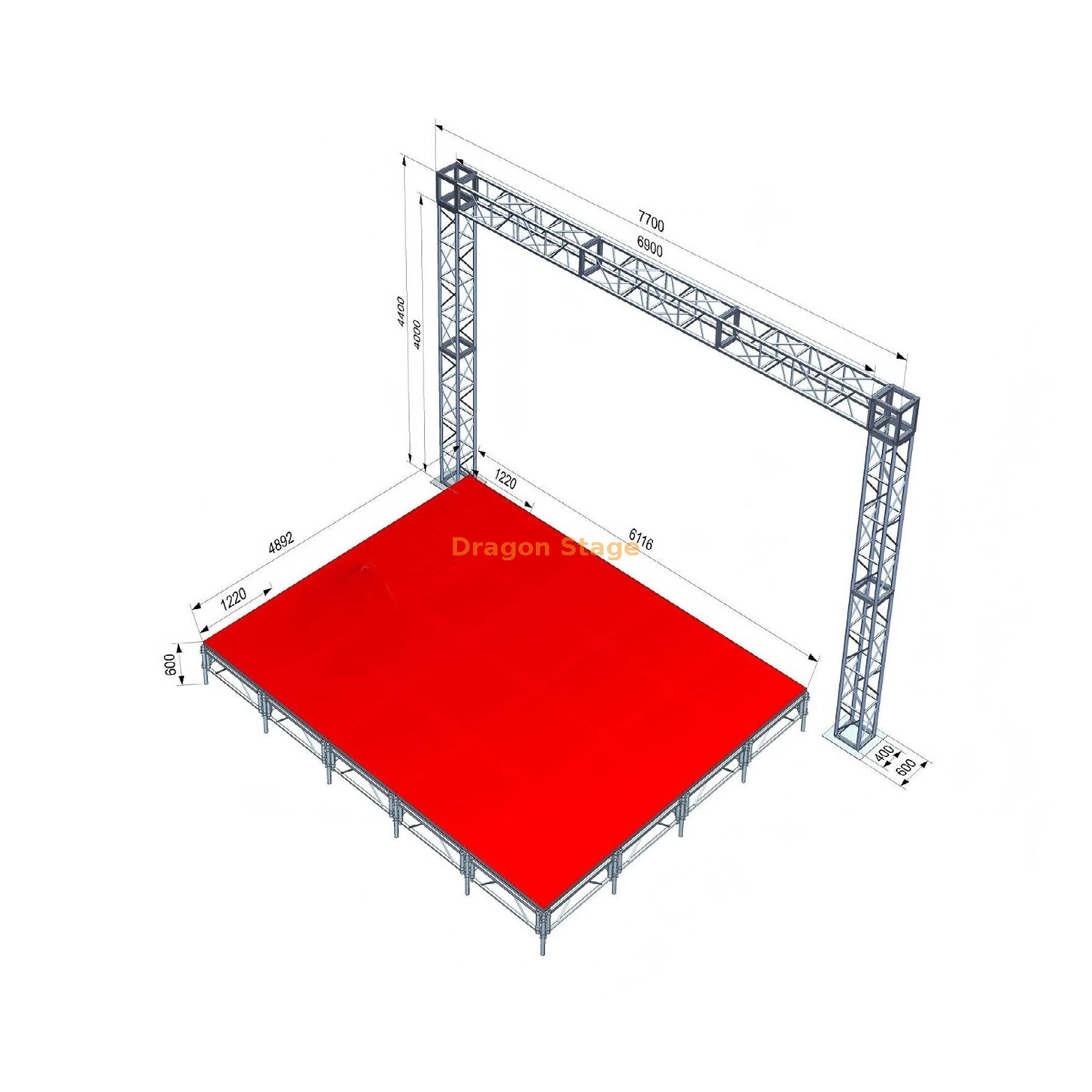 Escenario modular rojo para eventos de 6,72 x 4,89 m con pórtico de armazón de caja trasera de 7,7 x 4,4 m