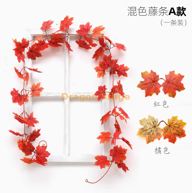 Simulada Red Maple Leaf Vine Wall Hojas de árboles falsos Hojas de Halloween Mostrar un color mixto Vine de hoja de arce -1 rojo+naranja