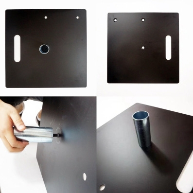 Placas base de acero con pintura negra y pesos adicionales para sistemas de tuberías y cortinas