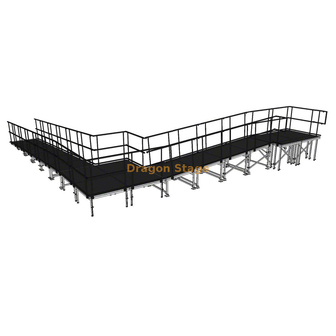Rampa de escenario modular de aluminio de 9,82 x 10,71 m, 90 grados, con rellano y barandillas dobles