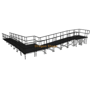 Rampa de escenario modular de aluminio de 9,82 x 10,71 m, 90 grados, con rellano y barandillas dobles