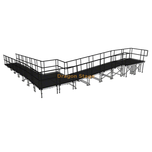 Rampa de escenario modular de aluminio de 9,82 x 10,71 m, 90 grados, con rellano y barandillas dobles