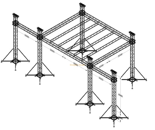 Sistema de armadura de escenario de aluminio con techo plano de 6x6x5m con 5m de altura y alas de altavoz de 3m