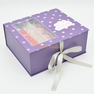Caja de flores impresa de dibujos animados púrpura personalizada, cajas de regalo de embalaje de papel de cartón, caja artesanal con tapa transparente