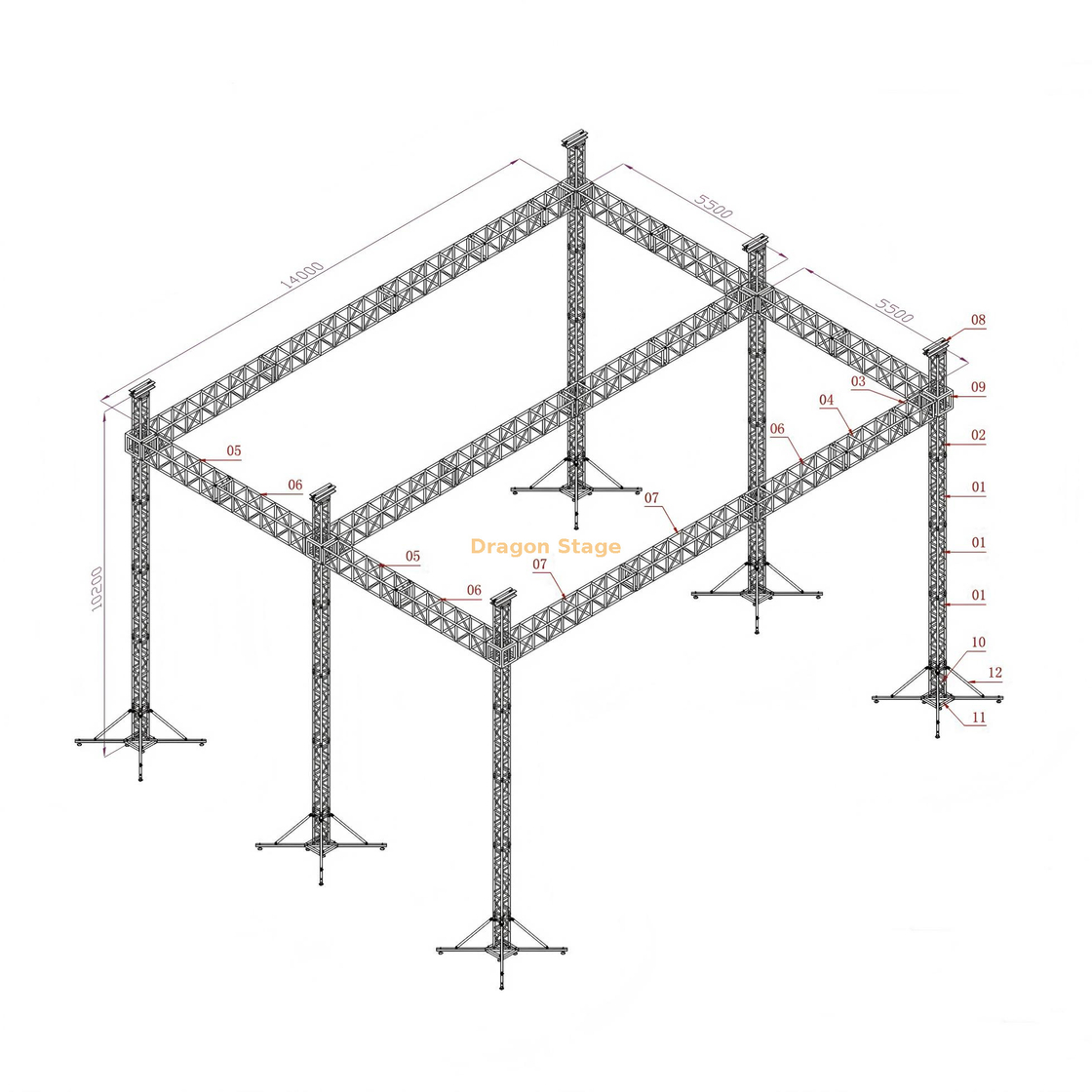 Sistema de truss para iluminación de conciertos al aire libre 14x11x10m