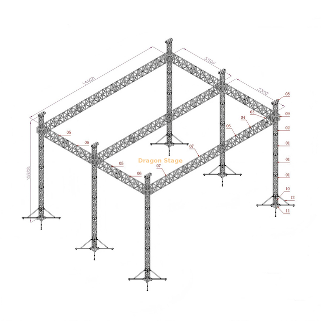 Sistema de truss para iluminación de conciertos al aire libre 14x11x10m