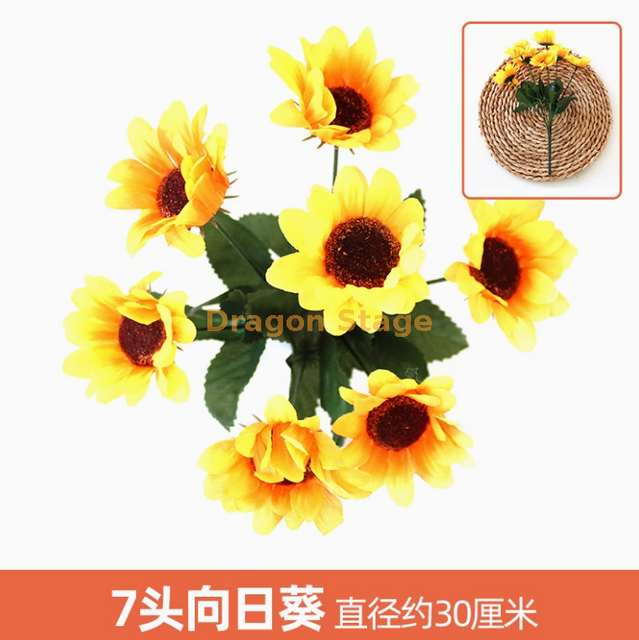 Plantas verdes, paredes de plantas simuladas, césped de plástico, balcones, fondos interiores, paredes de flores, amarillo, 7 cabezas de girasoles, 1 paquete
