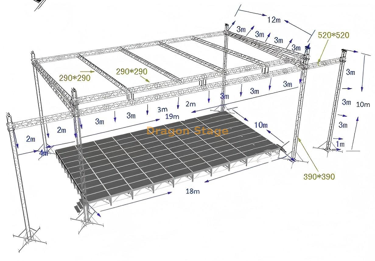 Sistema de armadura de etapa plana personalizada de 20x12x10m