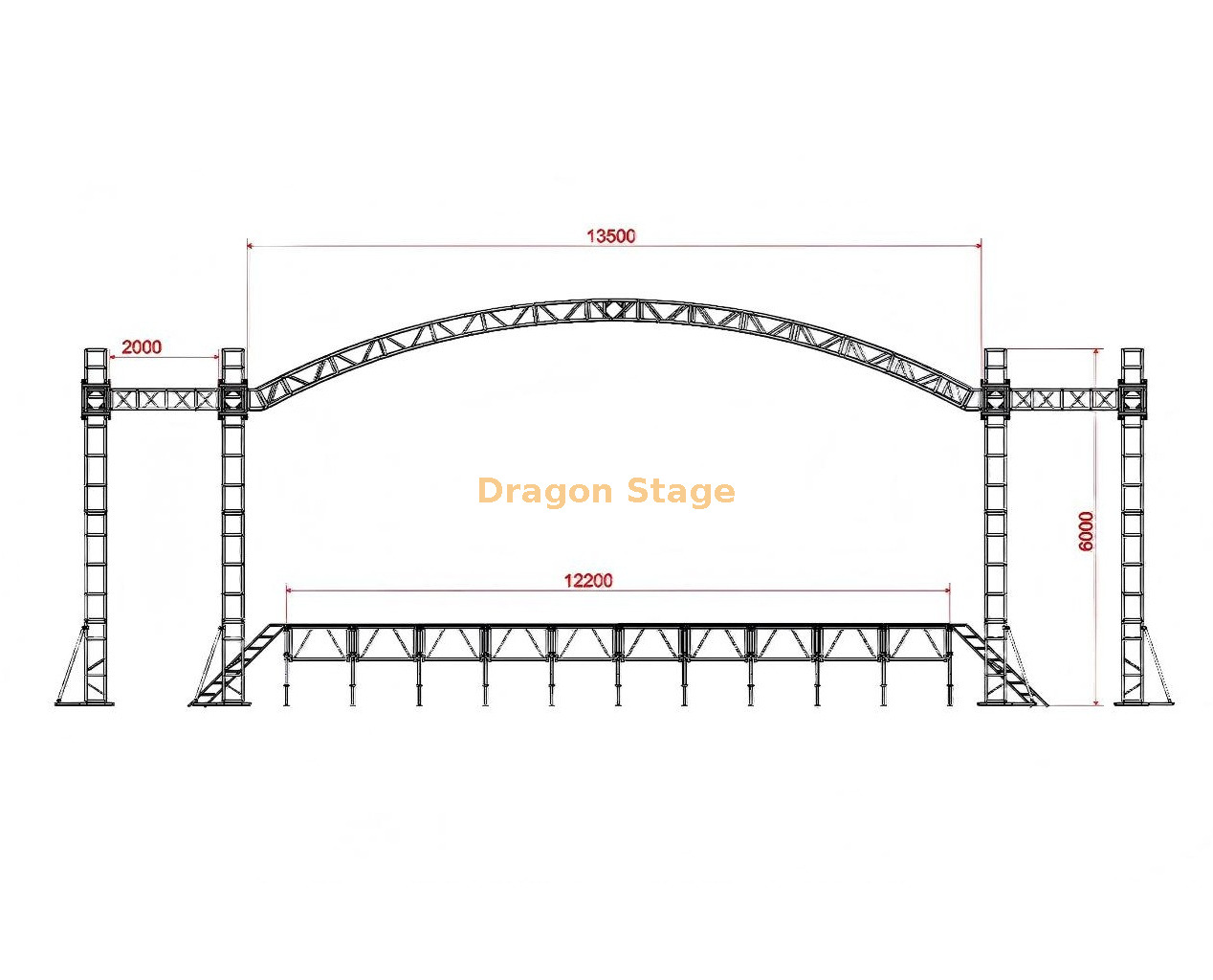 Sistema de techo en arco de aluminio de 14x10x6m con alas para altavoces