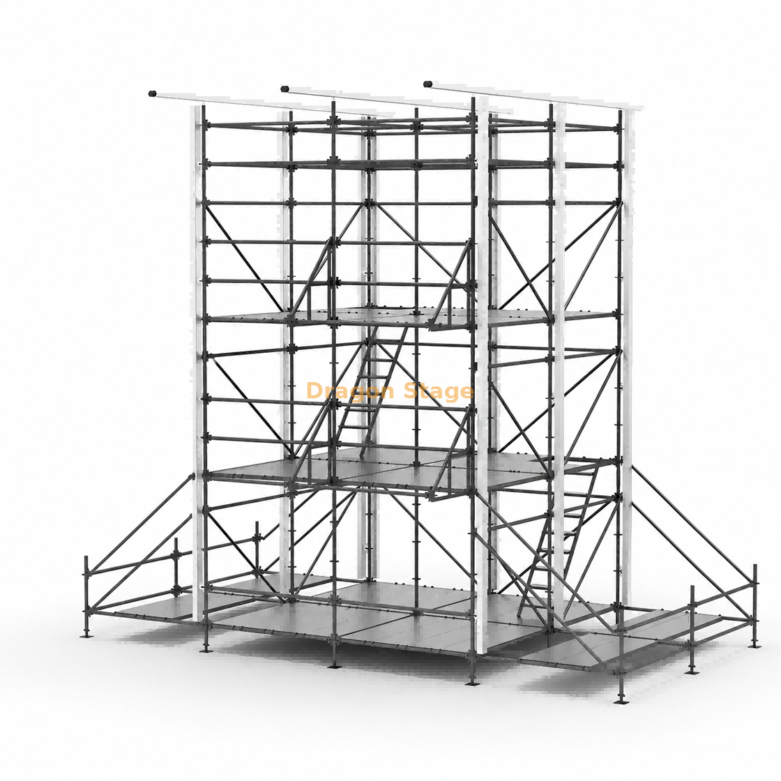 Torre de control FOH Ringlock híbrida de varios niveles de 4x4 m con techo de aluminio de una sola pendiente