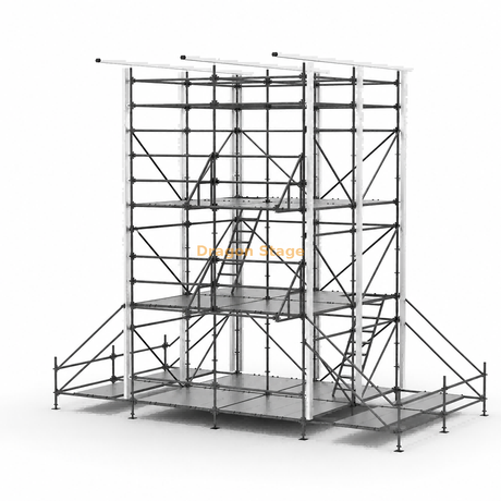 Torre de control FOH Ringlock híbrida de varios niveles de 4x4 m con techo de aluminio de una sola pendiente