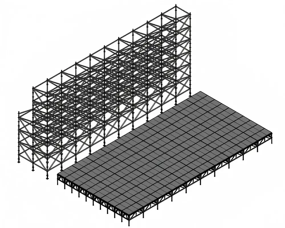Pared de fondo LED Ringlock de 20x12 m con escenario con soporte de aluminio de 20x10 m y 2 escaleras