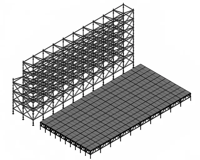 Pared de fondo LED Ringlock de 20x12 m con escenario con soporte de aluminio de 20x10 m y 2 escaleras