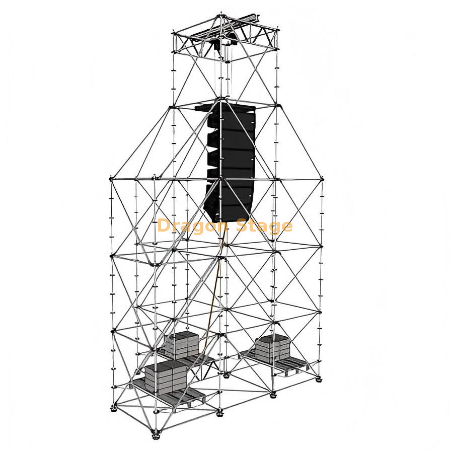 Sistema colgante Ringlock Line Array de 4 torres con torre principal de 10 m y 3 torres auxiliares