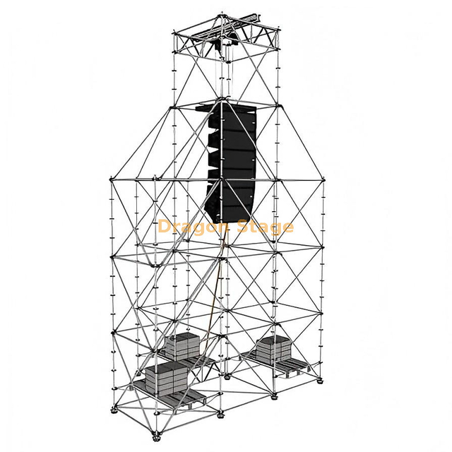 Sistema colgante Ringlock Line Array de 4 torres con torre principal de 10 m y 3 torres auxiliares