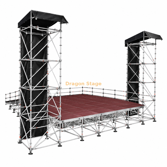 Sistema de escenario Ringlock integrado con 2 torres Line Array, escenario de 10x10 m y rampa de carga trasera