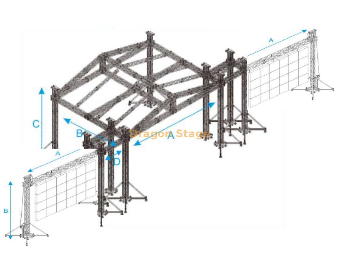Escenario de techo de concierto de 20x12x6m con torre de alas PA y armazón de pared de video LED