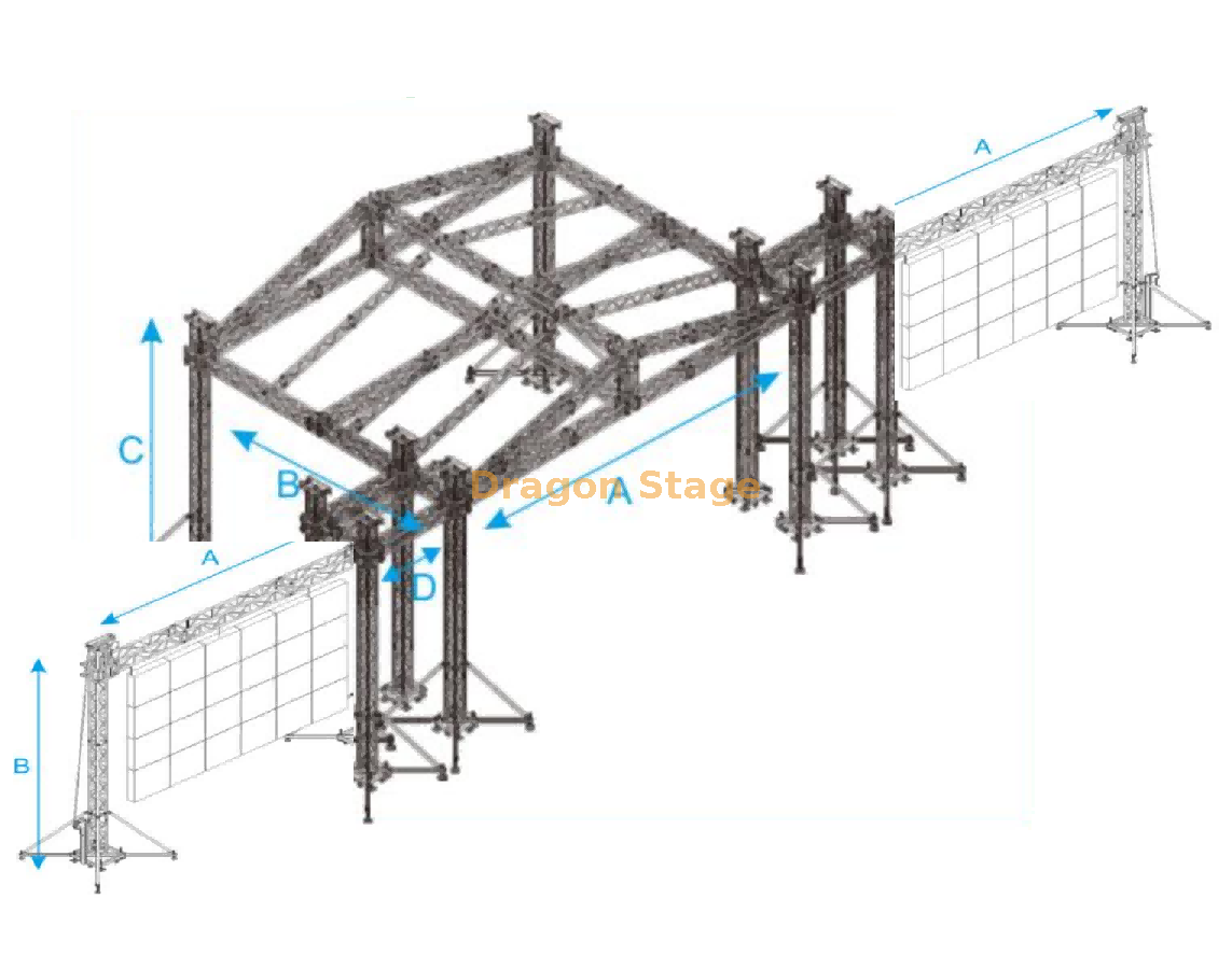 Escenario de techo de concierto de 20x12x6m con torre de alas PA y armazón de pared de video LED