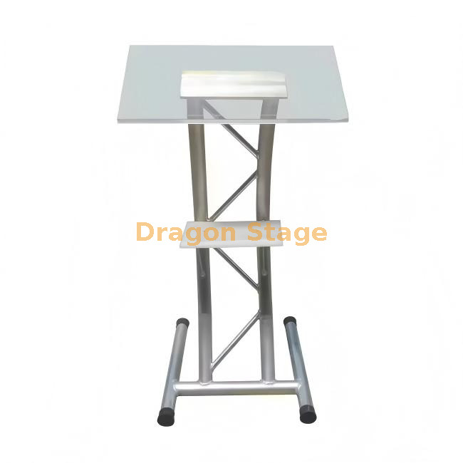 Podio moderno de acr&iacute;lico transparente con marco de armadura de aluminio plateado