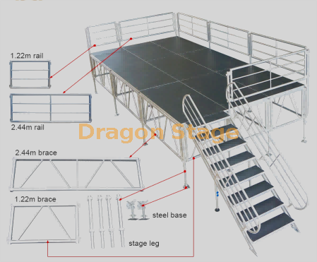 9 escenario móvil de aluminio portátil de la plataforma de madera de la etapa del braguero de los paneles los 4x8ft para la fiesta del acontecimiento los 3.66x7.32m