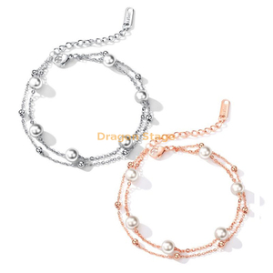 Regalo de joyería al por mayor pulsera de cadena de perlas de acero inoxidable de oro rosa de plata de doble capa para niña