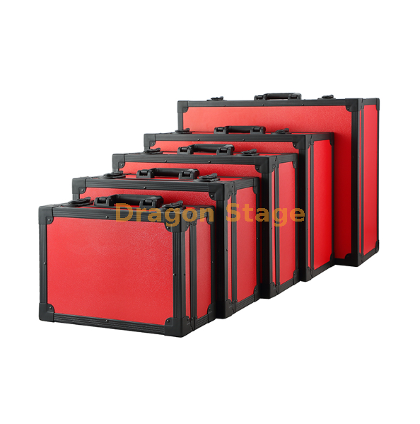 Caja de transporte de aluminio incombustible para eventos con perfil y panel rojo