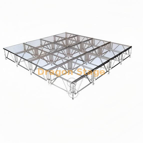 4.88x4.88m Square Aluminum Mobile Acrylic Glass Stage with Adjustable Height and Dual Stairs Escenario móvil de aluminio cuadrado de vidrio acrílico de 4,88x4,88 m con altura ajustable y escaleras dobles