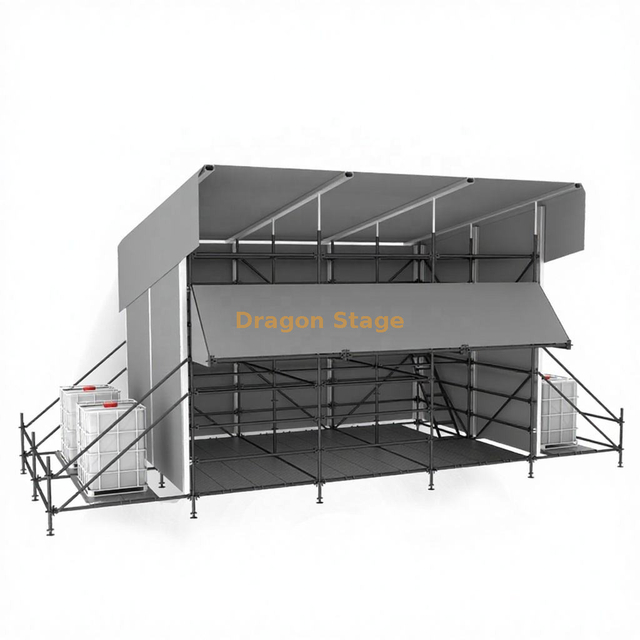 Cabina de control FOH híbrida Ringlock de 6x6 m con techo de aluminio de una sola pendiente
