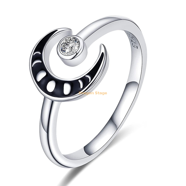 Anillo ajustable de plata de ley 925 con sol y luna de circón para mujer, anillo ajustable con estrella de luna personalizada negra