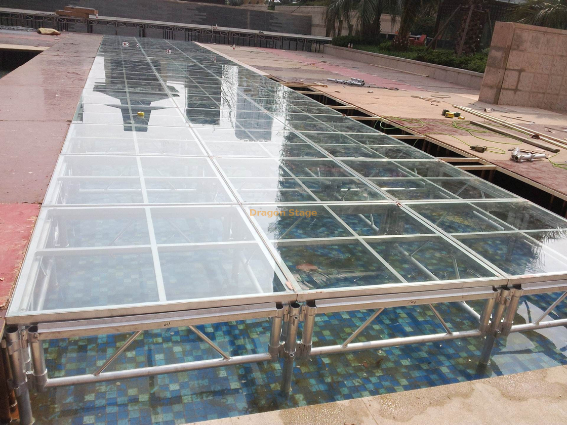 Escenario portátil de aluminio de cristal acrílico para cubierta de piscina, altura 1,2-2m, 15x5m