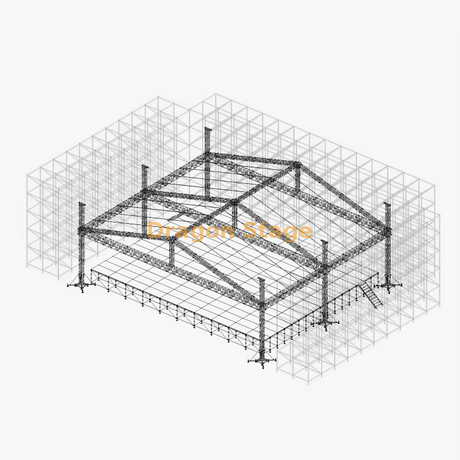 Muro de celosía Ringlock de 36 m con escenario de techo de aluminio de 21 x 20 m, 2 alas LED frontales y 2 escaleras de aluminio