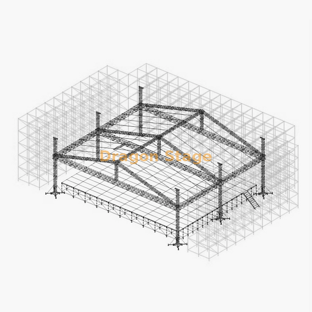 Muro de celosía Ringlock de 36 m con escenario de techo de aluminio de 21 x 20 m, 2 alas LED frontales y 2 escaleras de aluminio