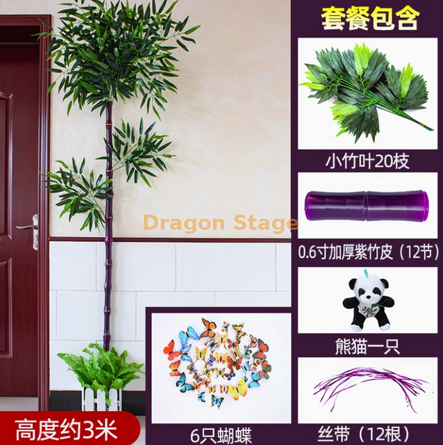 Nuevo juego de bambú morado de 0.6 pulgadas con corteza de bambú simulada, plantas verdes, tiras de vides de flores, decoración de tubería de aguas residuales (viene con panda)